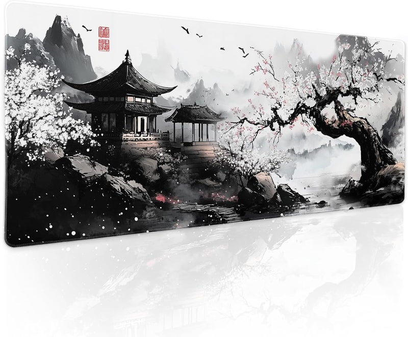 aportt Black Whtie Japanese Gaming Mouse Pad XL Anime Sakura Cherry Blossom Tree Extended Large Mat Mousepad Desk Pad Non-Slip Rubber Base Stitched Edge Long Keyboard Pad for Computer,31.5×11.8 Inch - Image 1