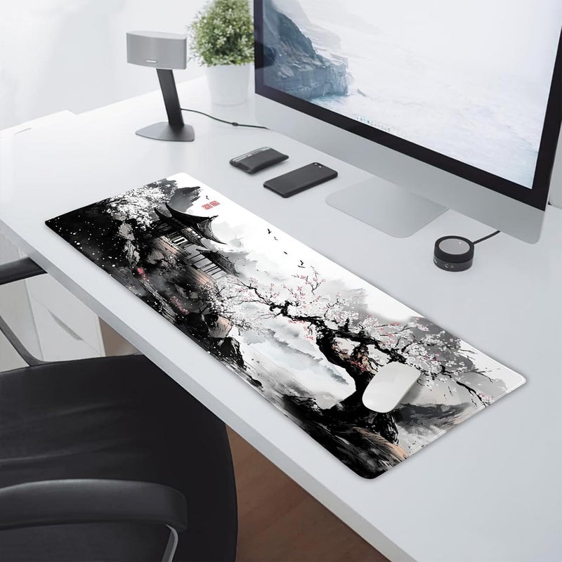 aportt Black Whtie Japanese Gaming Mouse Pad XL Anime Sakura Cherry Blossom Tree Extended Large Mat Mousepad Desk Pad Non-Slip Rubber Base Stitched Edge Long Keyboard Pad for Computer,31.5×11.8 Inch - Image 5