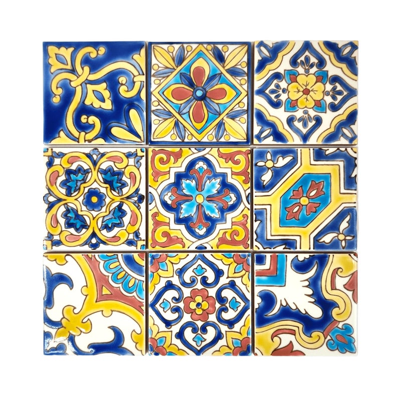 Dyari مجموعة DYARI من 9 بلاطات سيراميك زخرفية - مطلية يدويًا للداخل والخارج - فنون الطهي العلوية - زخرفة متوسطية 4x4 / بلاطة واحدة ملونة متينة (أصفر وأحمر، 9 بلاطات (1 قدم مربع)) - Image 1