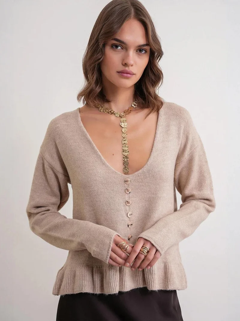 MixRay Mixray Lightweight V-Neck Knit Top with Button Detail