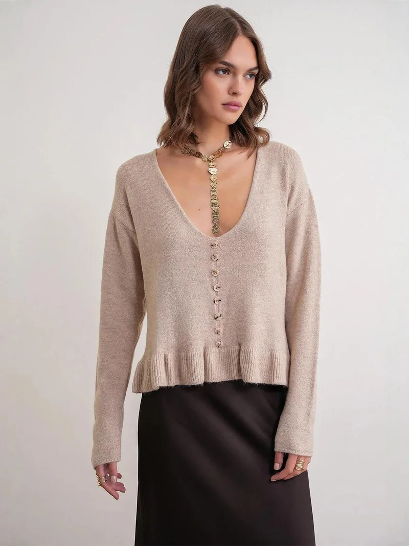 MixRay Beige Natural Mixray Lightweight V-Neck Knit Top with Button Detail for Women | Best Price UAE