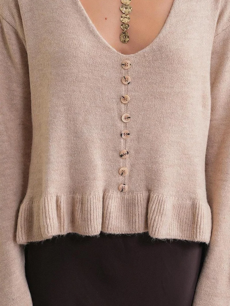 MixRay Beige Natural Mixray Lightweight V-Neck Knit Top with Button Detail for Women | Best Price UAE
