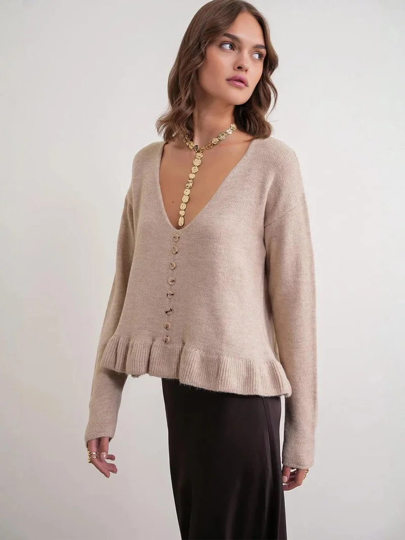 MixRay Beige Natural Mixray Lightweight V-Neck Knit Top with Button Detail for Women | Best Price UAE