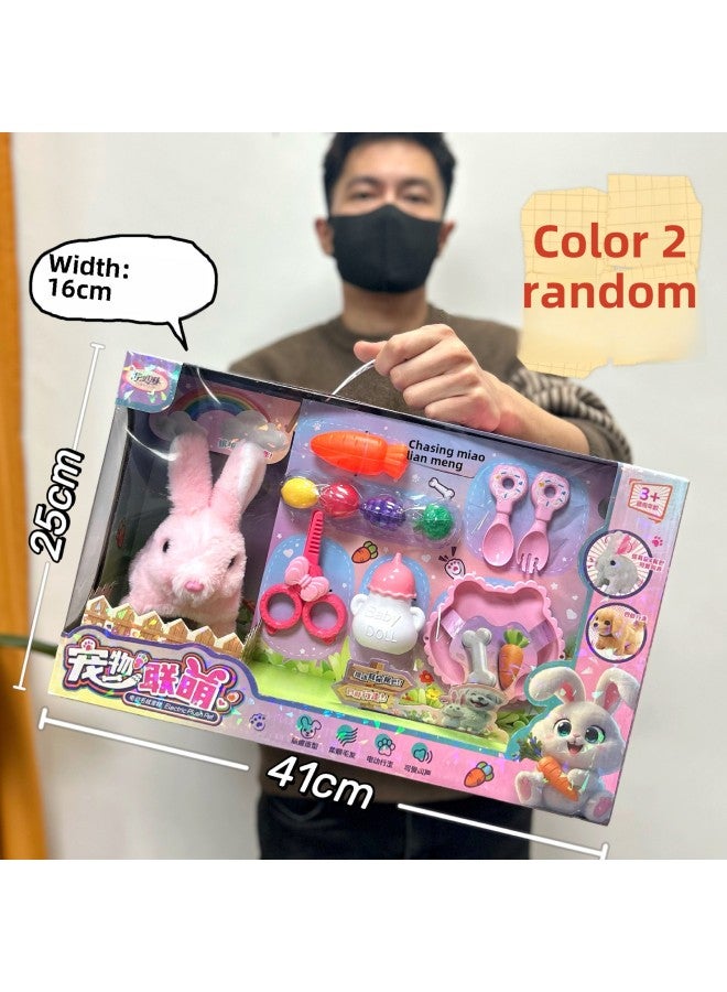 Electric Plush Pet Simulation White Rabbit Cart Cat Walking Cry Children Play Home Toy Girl Toy-Color:007-216 Little Rabbit Pet Gift Box Set  - Image 1