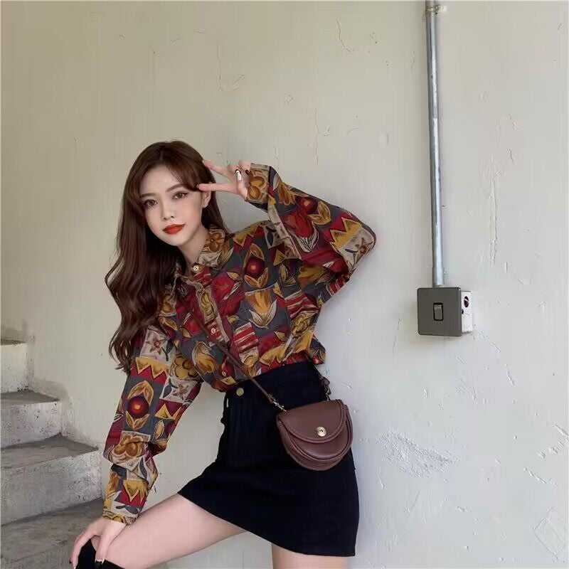 Annual meeting performance green travel photo retro Hong Kong style print long-sleeved shirt spring and autumn fashion Christmas performance shirt - Image 2