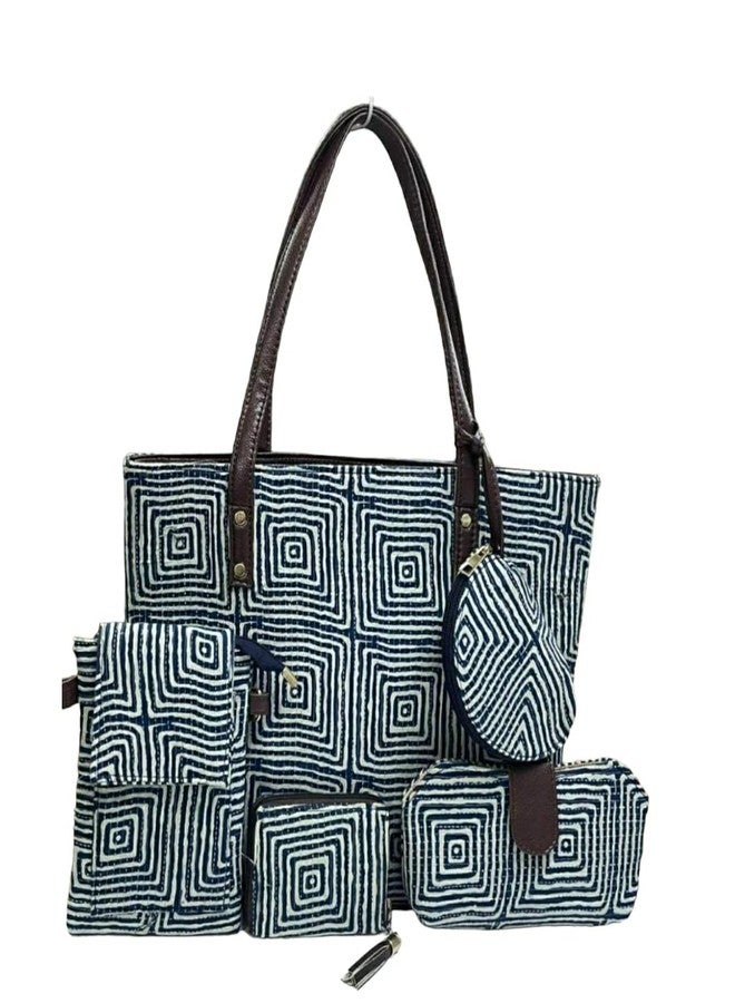 SHIVKARI Women's Ladies Traditional Ikkat Cotton 5 Pieces Combo Bag - Blue - Image 1