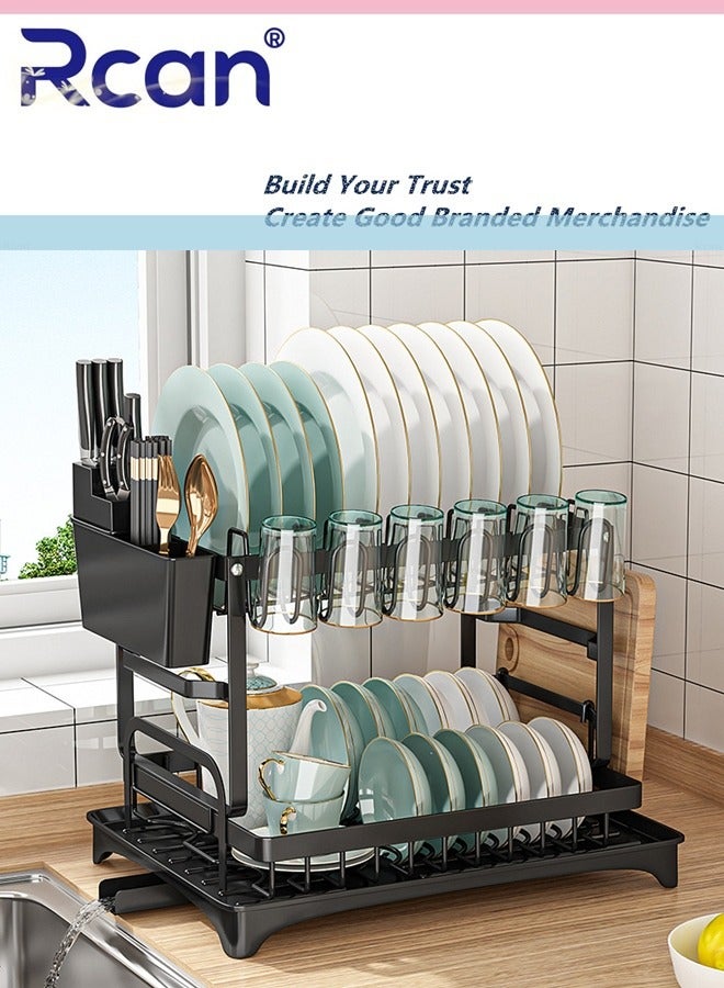 Rcan Dish Drying Rack 2 Tier Dish Rack Kitchen Multi-functional Stainless steel Removable Cutlery Drain Rack with Cutlery Holder Cup Cutting Board Rack Chopsticks Spoon Box for Cabinets and Countertops  - Image 1