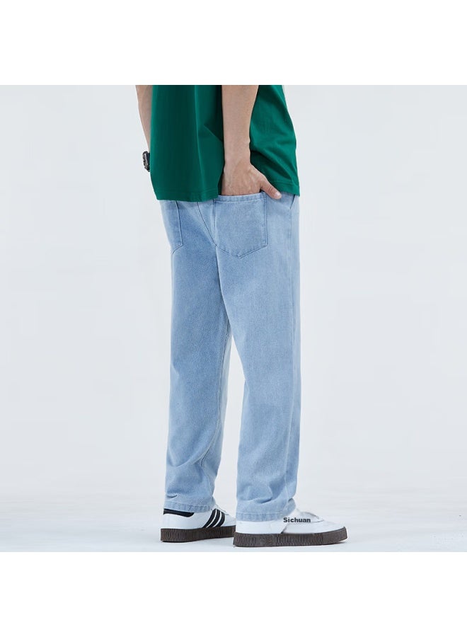 Vancamel Men's Loose Straight-leg Casual Jeans, Korean Style, Draping Wide-leg Cropped Pants, Men's Denim Trousers, Light Blue, L - Image 3