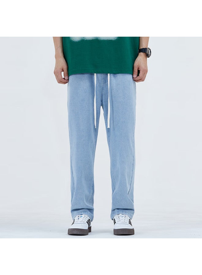 Vancamel Men's Loose Straight-leg Casual Jeans, Korean Style, Draping Wide-leg Cropped Pants, Men's Denim Trousers, Light Blue, L - Image 2
