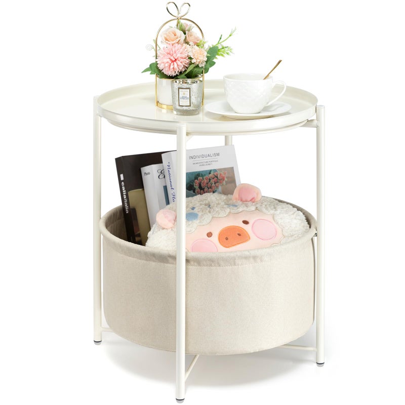 danpinera Round Side Table with Fabric Storage Basket Metal Side Table Small Bedside Nightstand with Removable Tray Top for Living Room Bedroom Nursery Laundry White