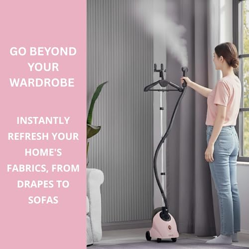 SALAV GS18-DJ Standing Garment Steamer with Roll Wheels for Easy Movement, 1.8L Water Tank for 1 Hour Continuous Steaming, Adjustable Pole for Storage, Includes Descaler Packet, 1500 watts - Pink - Image 4