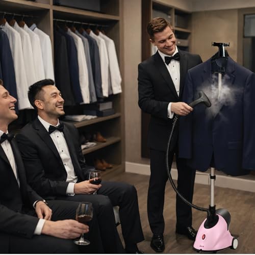 SALAV GS18-DJ Standing Garment Steamer with Roll Wheels for Easy Movement, 1.8L Water Tank for 1 Hour Continuous Steaming, Adjustable Pole for Storage, Includes Descaler Packet, 1500 watts - Pink - Image 2