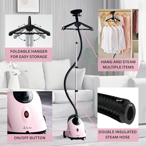 SALAV GS18-DJ Standing Garment Steamer with Roll Wheels for Easy Movement, 1.8L Water Tank for 1 Hour Continuous Steaming, Adjustable Pole for Storage, Includes Descaler Packet, 1500 watts - Pink - Image 3