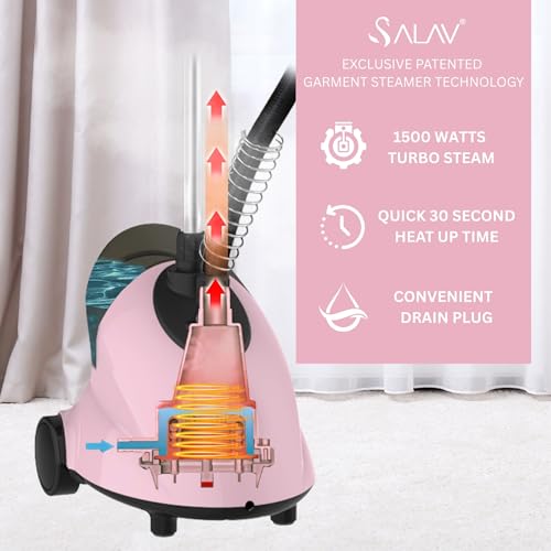 SALAV GS18-DJ Standing Garment Steamer with Roll Wheels for Easy Movement, 1.8L Water Tank for 1 Hour Continuous Steaming, Adjustable Pole for Storage, Includes Descaler Packet, 1500 watts - Pink - Image 5