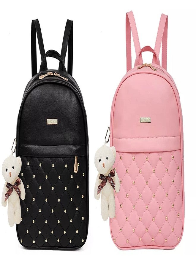 TYPIFY 2-Pack Women’s Stylish Backpack Combo - Black & Pink Faux Leather Bags with Teddy Keychain | Lightweight College & Travel Bags for Girls - Image 1