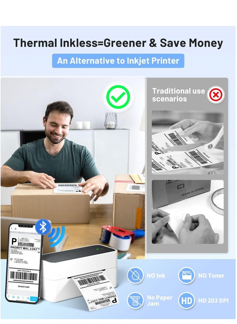 241-BT Bluetooth Thermal Label Printer,  Wireless Shipping Label Printer for Home, Office and Business, Label Printer for Shipping Packages, Compatible with iPhone, Android .It contains 10 sheets of 4X6" white paper.(White Black)