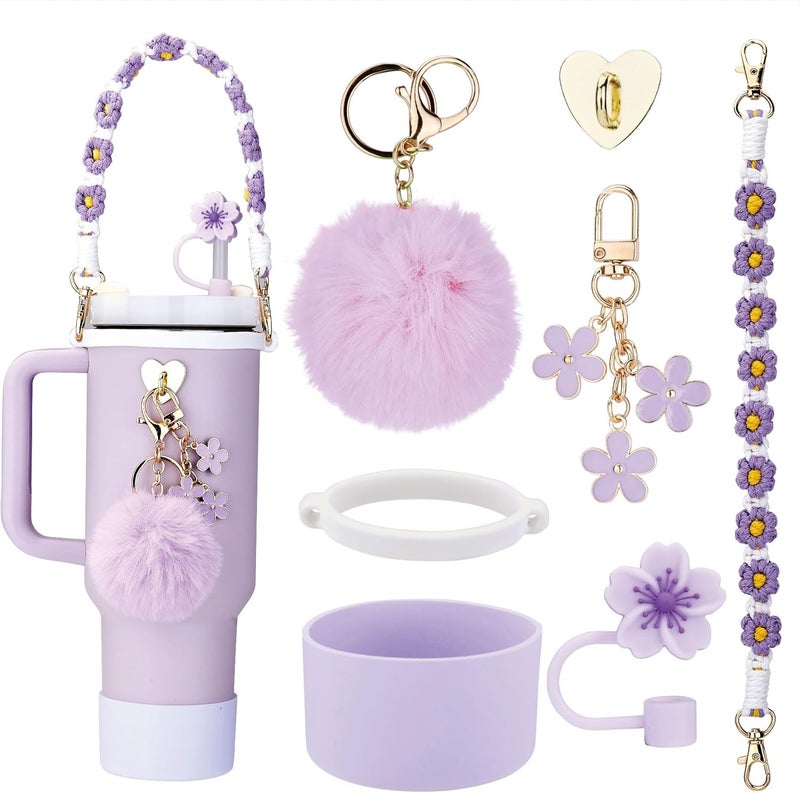 Rhewatin Compatible 7pcs Tumbler Accessories for Stanley Cup 30/40 oz, Including Water Bottle Handle Strap, Cup Boot, Straw Cover, Plush Ball and Key Charm, Purple - Image 1