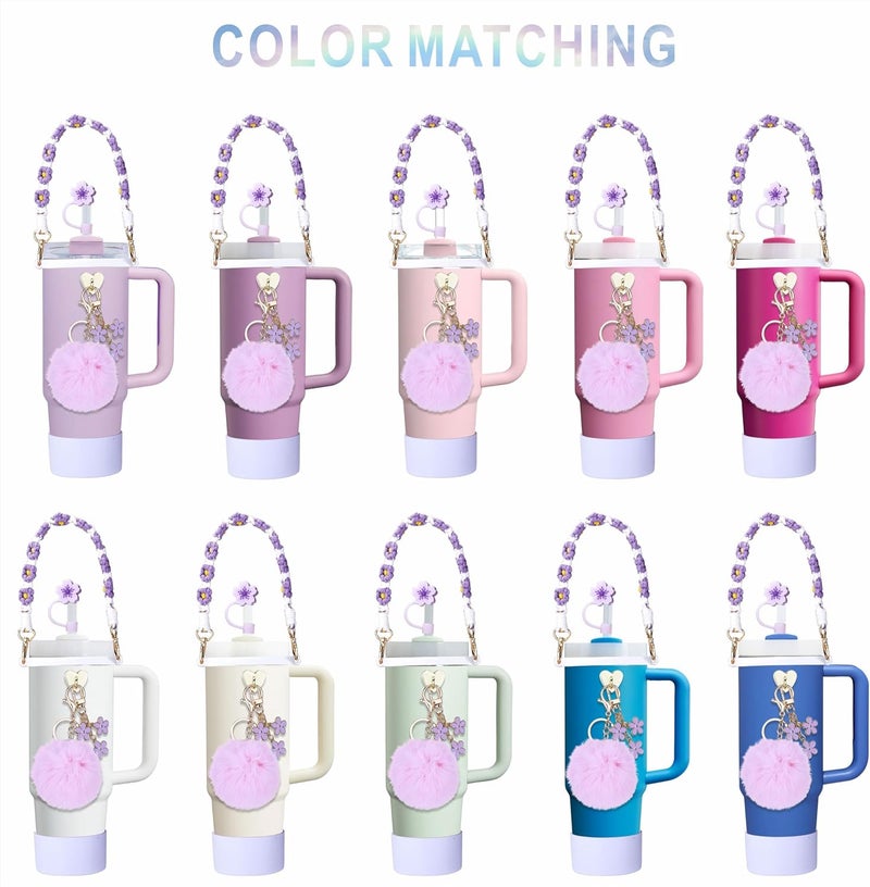 Rhewatin Compatible 7pcs Tumbler Accessories for Stanley Cup 30/40 oz, Including Water Bottle Handle Strap, Cup Boot, Straw Cover, Plush Ball and Key Charm, Purple - Image 2