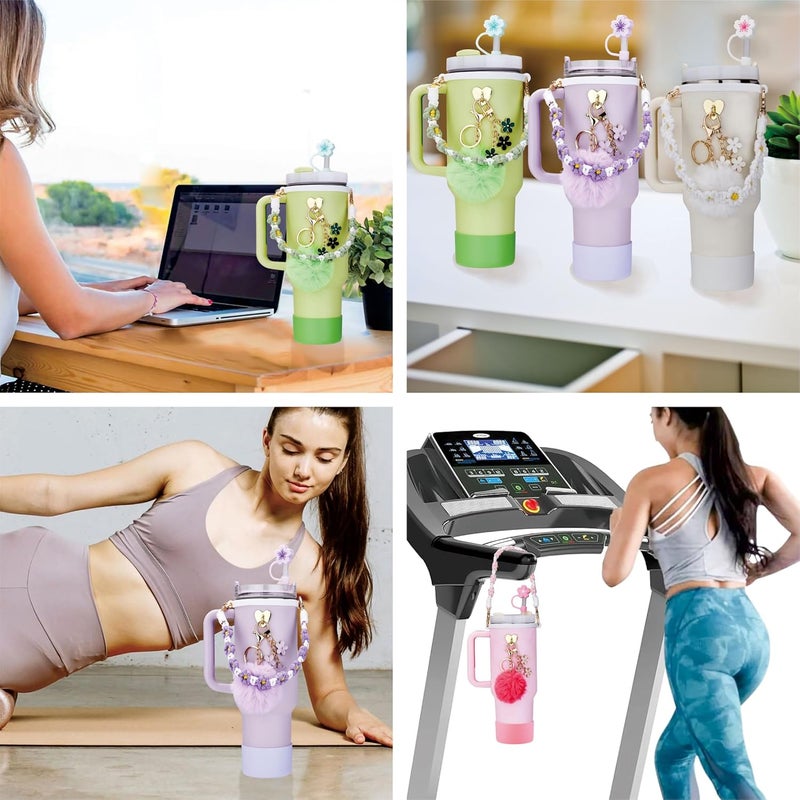 Rhewatin Compatible 7pcs Tumbler Accessories for Stanley Cup 30/40 oz, Including Water Bottle Handle Strap, Cup Boot, Straw Cover, Plush Ball and Key Charm, Purple - Image 4