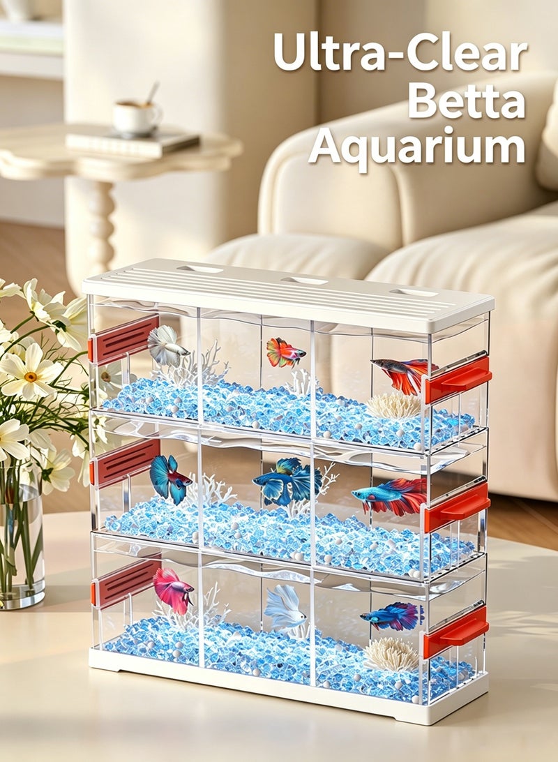 Ultra Clear Mini Betta Fish Tank, 3-Layer 9 Compartment Stackable Aquarium Kit with LED Light, Independent Divided Desktop Fish Tank for Home Living Room Decor - Image 1