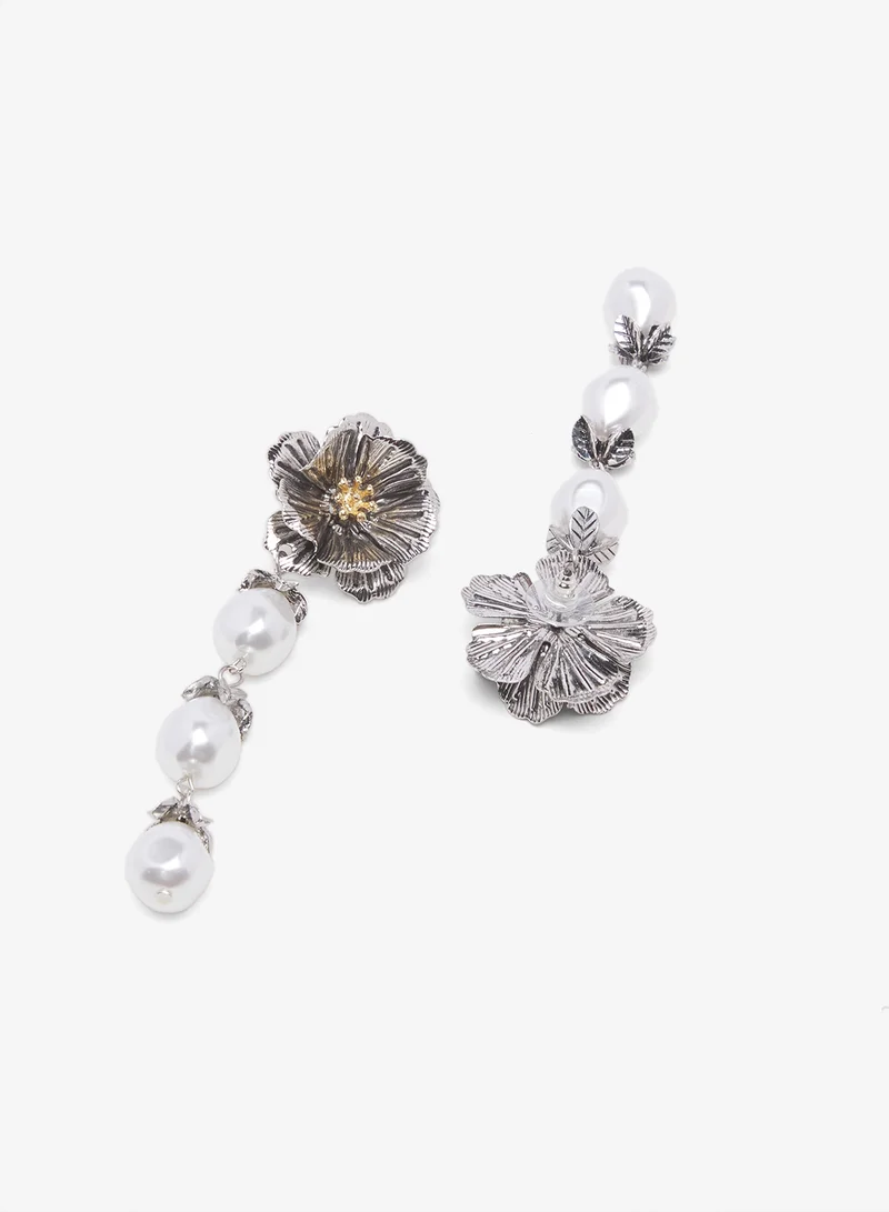 ELLA Drop Down Pearl Earrings With Silver Floral Accent