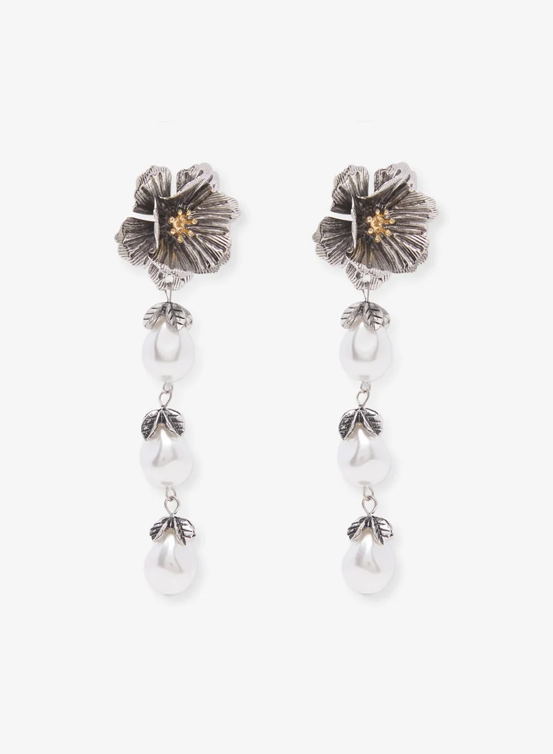 ELLA Drop Down Pearl Earrings With Silver Floral Accent