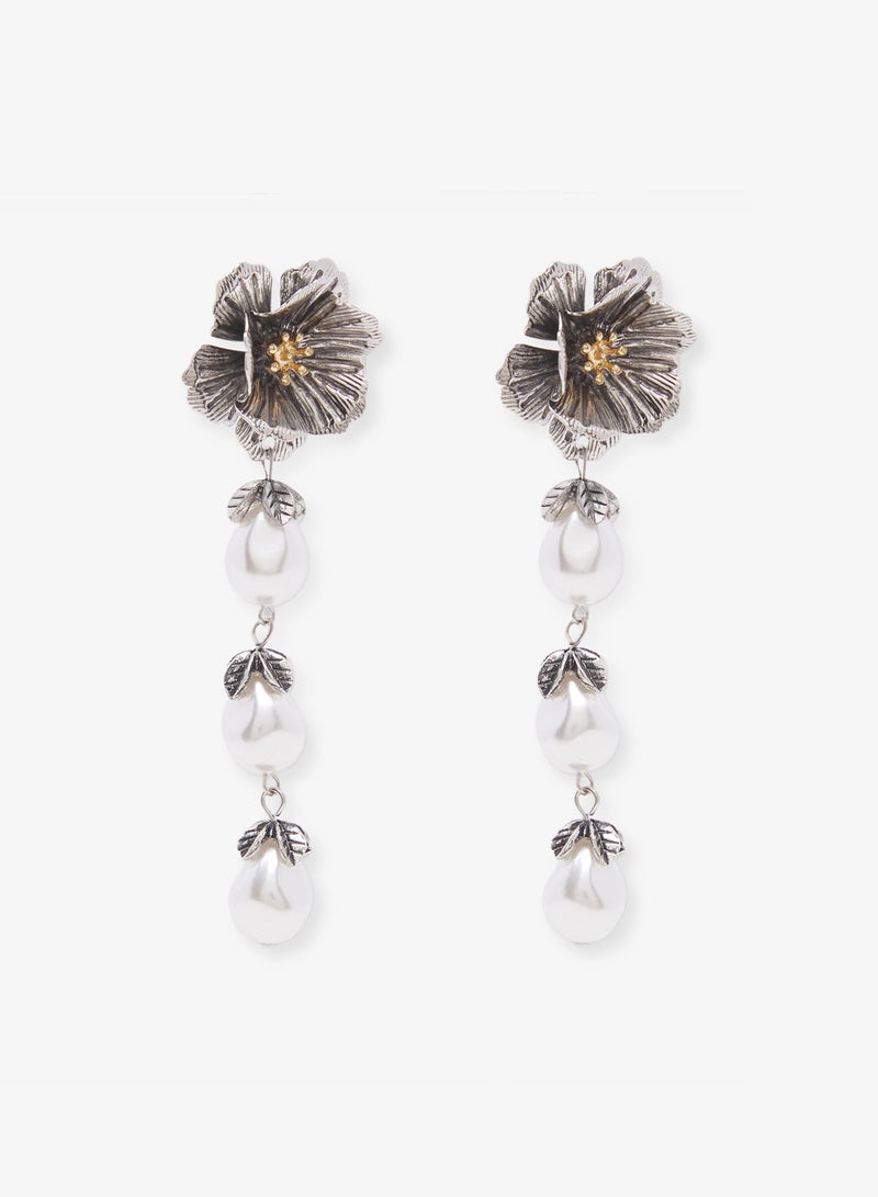 ELLA Drop Down Pearl Earrings With Silver Floral Accent - Image 2