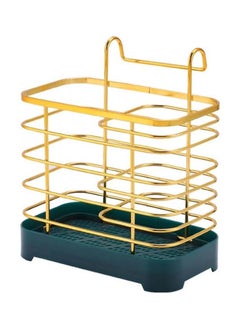 2 Sections Hanging Metal Mesh Drying Basket Rack for Chopsticks, Spoons, Knives and Forks - Green and Gold