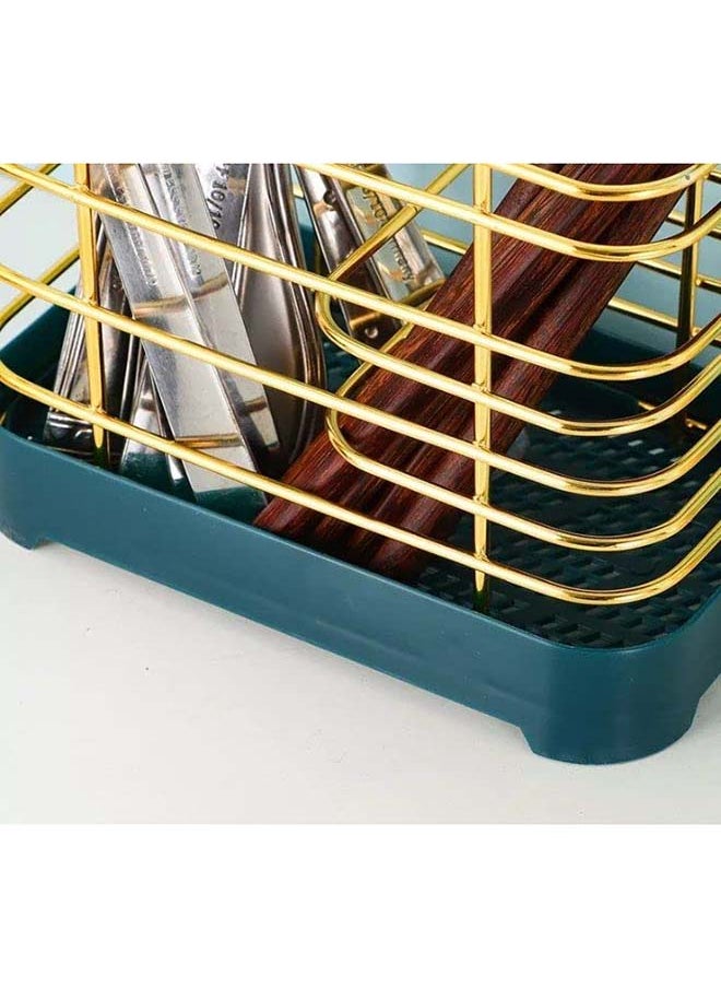 Generic - 2 Sections Hanging Metal Mesh Drying Basket Rack for Chopsticks, Spoons, Knives and Forks - Green and Gold - Image 1