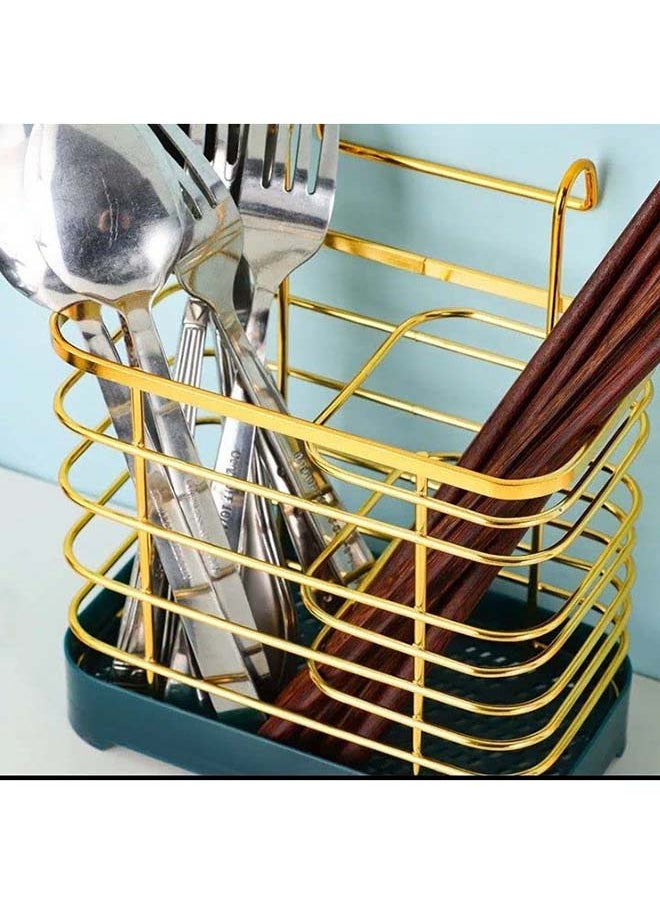 Generic - 2 Sections Hanging Metal Mesh Drying Basket Rack for Chopsticks, Spoons, Knives and Forks - Green and Gold - Image 1