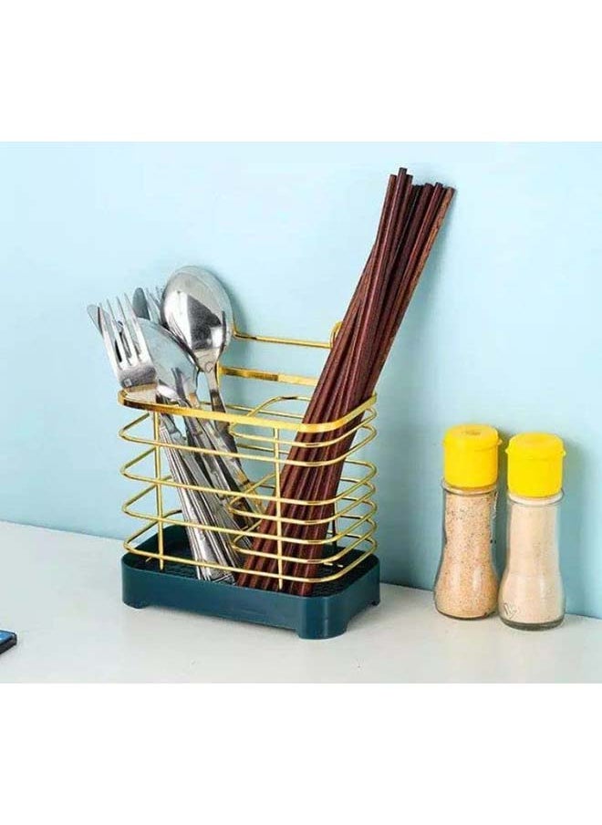 Generic - 2 Sections Hanging Metal Mesh Drying Basket Rack for Chopsticks, Spoons, Knives and Forks - Green and Gold - Image 1