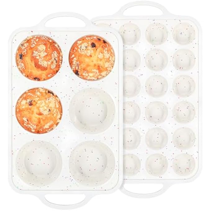 Silicone Muffin Pan With Metal Reinforced Frame  Mini Muffin Pan For Homemade Muffins Cupcakes And Bread Oven And Dishwasher Safe  Set Of 2 6Cup And 24Cup - Image 1