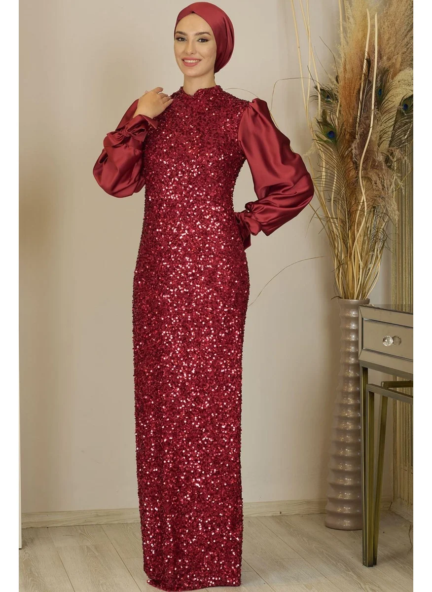 Esilanur Balloon Sleeve Sequined Azra Modest Evening Dress Burgundy