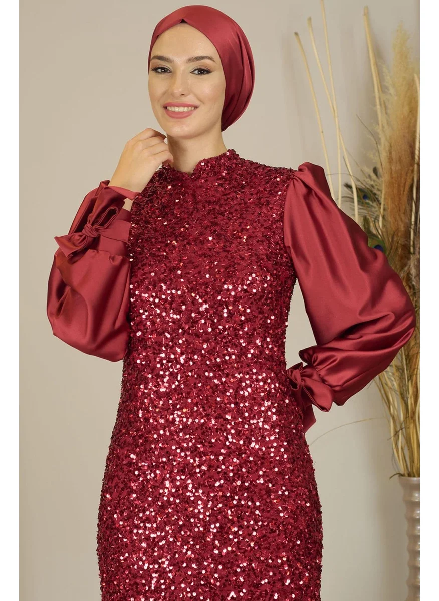 Esilanur Balloon Sleeve Sequined Azra Modest Evening Dress Burgundy