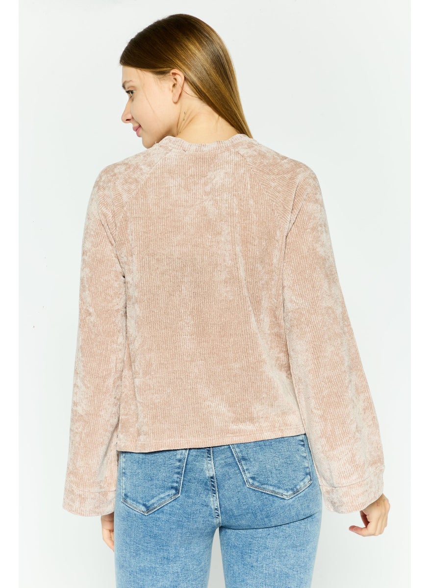 Black Tape - Women Crew Neck Long Sleeve Knitted Top ,Taupe - Image 1