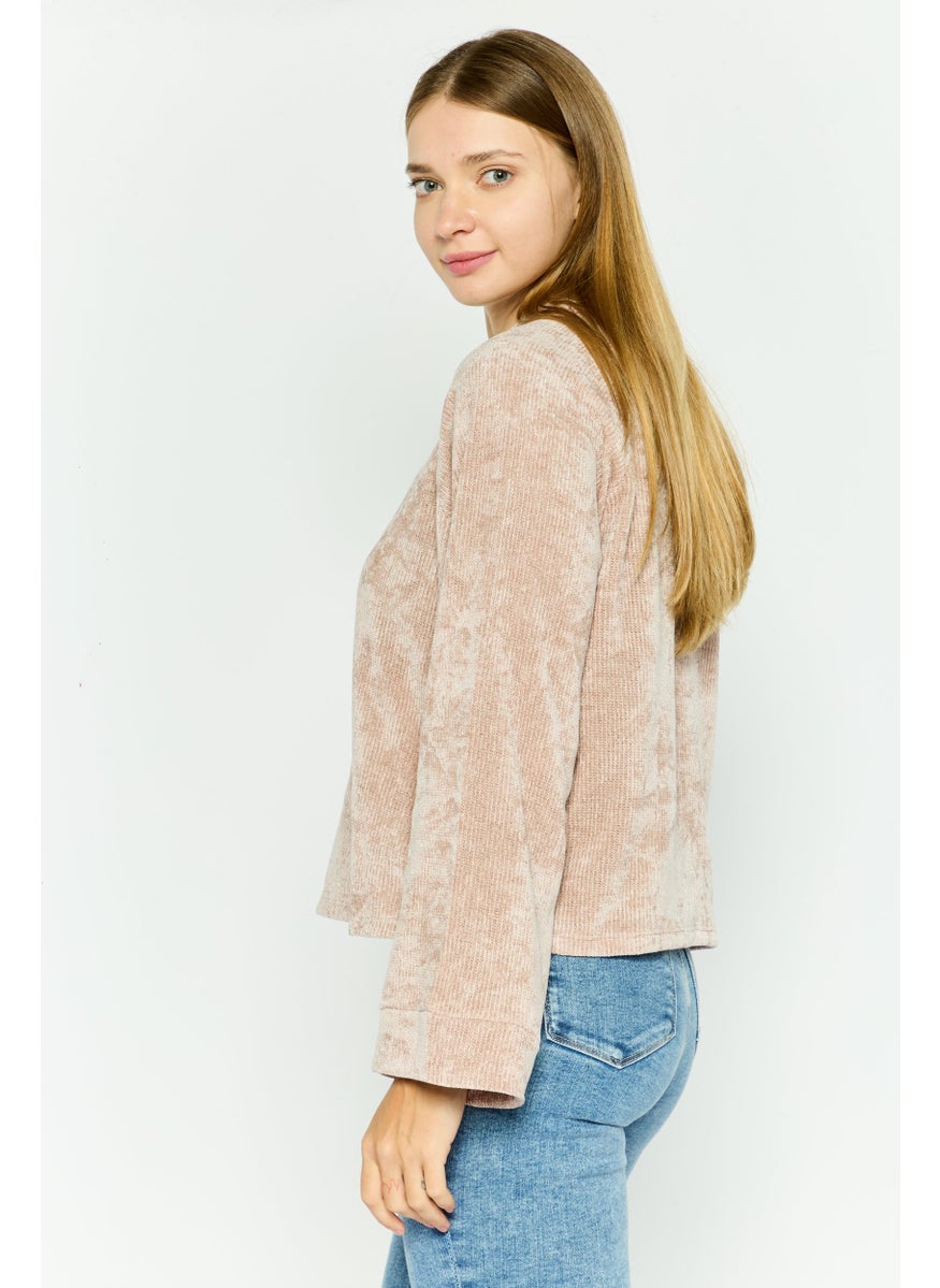 Black Tape - Women Crew Neck Long Sleeve Knitted Top ,Taupe - Image 1