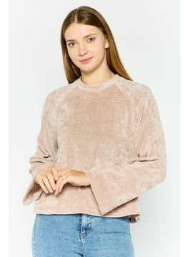 Women Crew Neck Long Sleeve Knitted Top ,Taupe