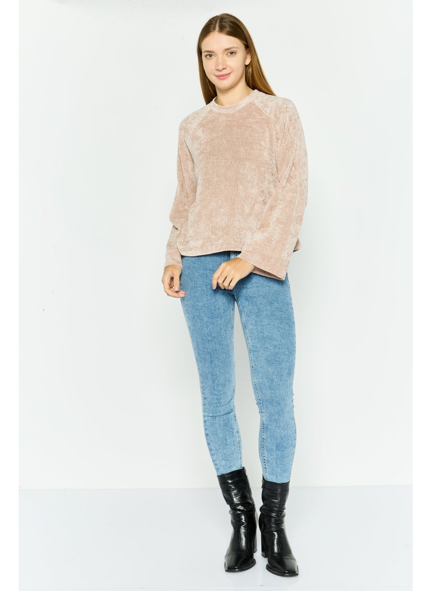 Black Tape - Women Crew Neck Long Sleeve Knitted Top ,Taupe - Image 1