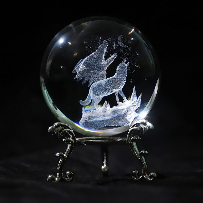 vskikris vskikris 236in 3D Laser Crystal Howling Wolf Figurine Crystal Ball Paperweight with Stand Base  3D Engraving Crystal Wolf Gift Home Decor 