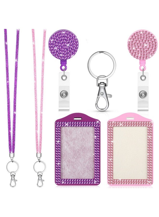 2 Set Rhinestone Bling Lanyard With Id Badge Holder Sparkly Lanyard For Id Badge Diamond Crystal Id Card Holder Retractable Lanyard With Metal Clasp Key Ring(Pink, Purple)