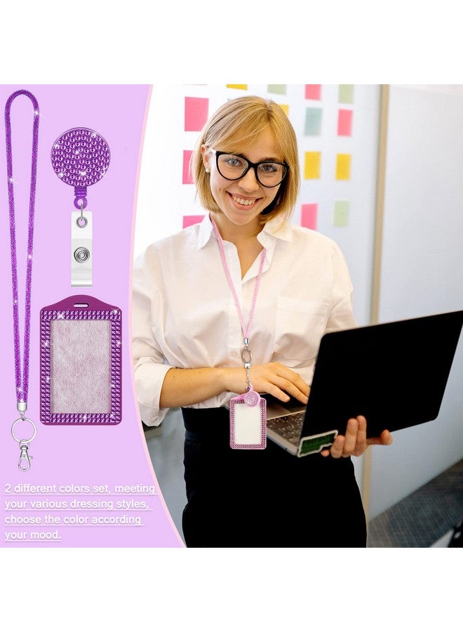 2 Set Rhinestone Bling Lanyard With Id Badge Holder Sparkly Lanyard For Id Badge Diamond Crystal Id Card Holder Retractable Lanyard With Metal Clasp Key Ring(Pink, Purple)
