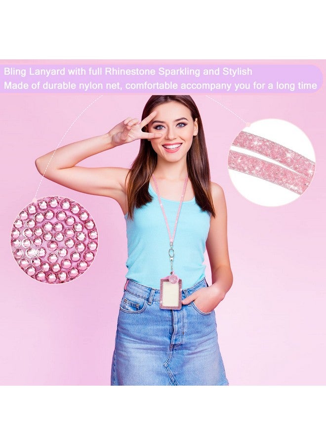 2 Set Rhinestone Bling Lanyard With Id Badge Holder Sparkly Lanyard For Id Badge Diamond Crystal Id Card Holder Retractable Lanyard With Metal Clasp Key Ring(Pink, Purple)