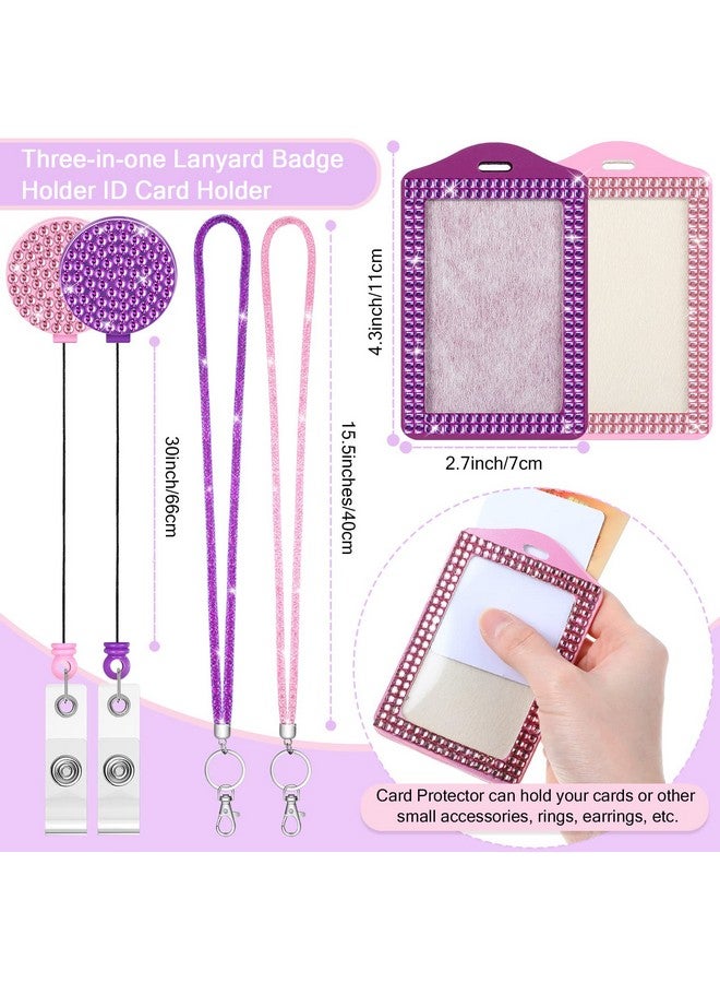 2 Set Rhinestone Bling Lanyard With Id Badge Holder Sparkly Lanyard For Id Badge Diamond Crystal Id Card Holder Retractable Lanyard With Metal Clasp Key Ring(Pink, Purple)
