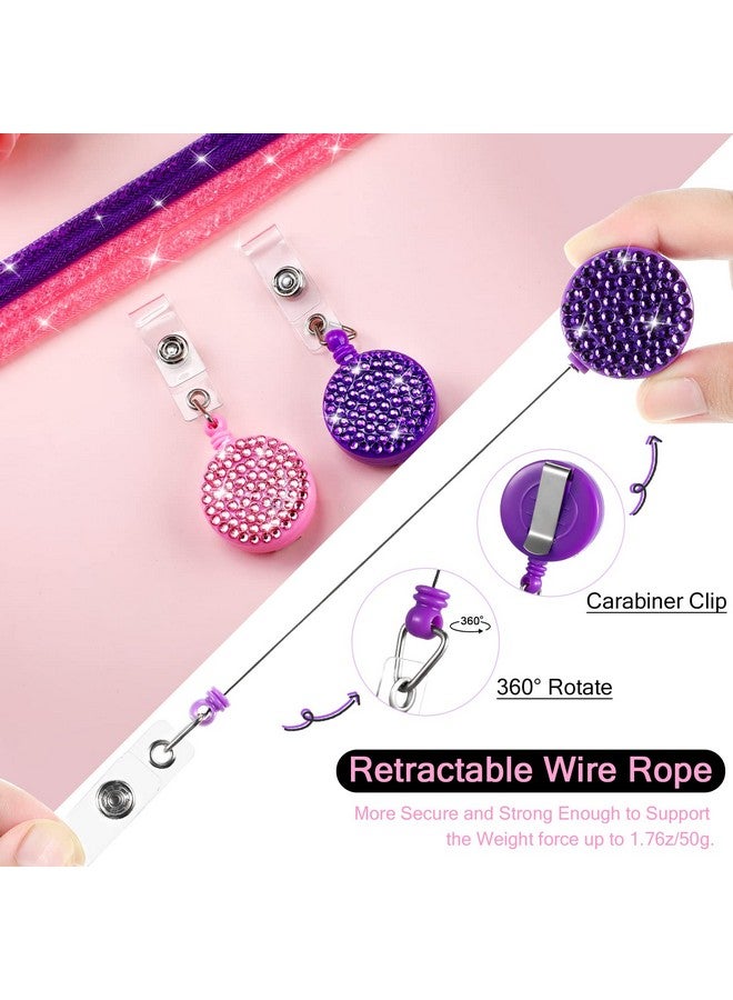 2 Set Rhinestone Bling Lanyard With Id Badge Holder Sparkly Lanyard For Id Badge Diamond Crystal Id Card Holder Retractable Lanyard With Metal Clasp Key Ring(Pink, Purple)