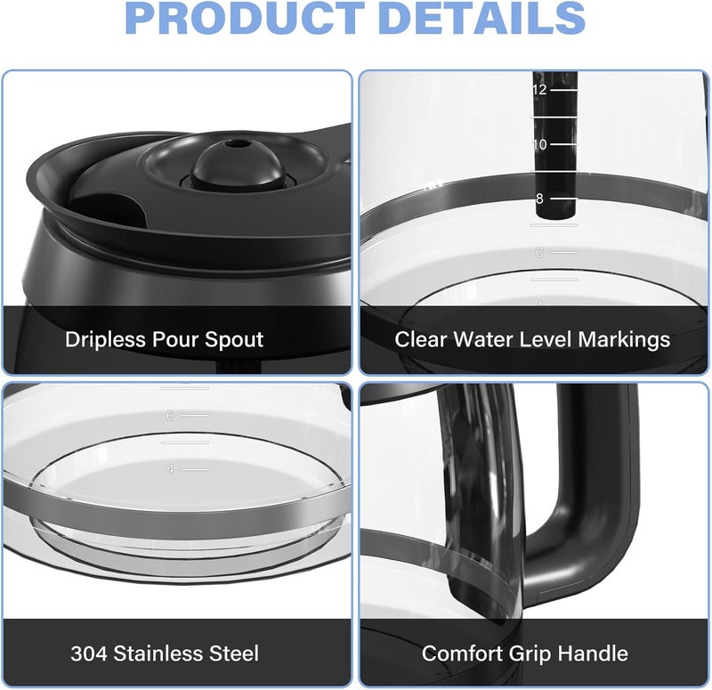 إبريق قهوة سعة 12 كوب بديل، متوافق مع طرازات ماكينات تحضير القهوة Ninja Coffee Brewer: CE251، CE201، CE201C، CE200، CE200C. الرقم الطراز: XGLSLID200 - Image 4