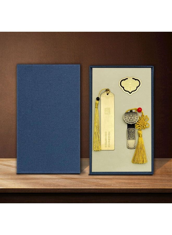 Ruyi U Disk 16g Suit Custom Logo Brass Hollow Ploughing Bookmark Sandalwood Sign Pen School Corporate Gifts-Color:(ruyi U Disk + Bookmark + Book Clip) Blue Gift Box-Capacity:64GB  - Image 1