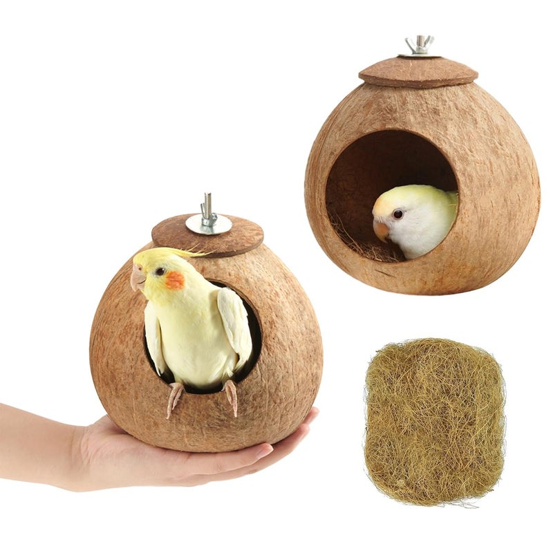 AHBLQD Bird Nest for Cage Natural Coconut Shell Birds House 2 Pack Parakeet Hide Breeding Hut Bird Cage Accessories & Decor Hamster Toys for Parrot Lovebirds Budgies Cockatiel Conure Finch Canary - Image 1