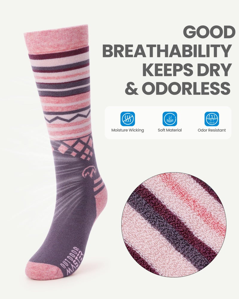 OutdoorMaster جوارب التزلج من OutdoorMaster، جوارب تزلج من صوف الميرينو للرجال والنساء، جوارب تزلج شتوية دافئة وقابلة للتنفس للطقس البارد، تصميم فوق الساق مع كفة غير قابلة للانزلاق، قابلة للغسل في الغسالة - Image 3