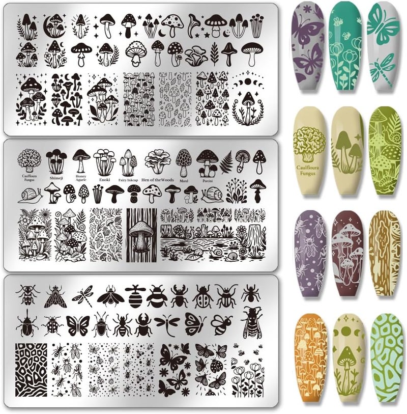 PH PandaHall 3pcs Mushrooms Patterns Nail Stamping Plates Insect Theme Nail Art Stencils Plants Leaves Manicure Art Templates Butterflies Flower Nails Image Plates for Women Manicures DIY Design Print