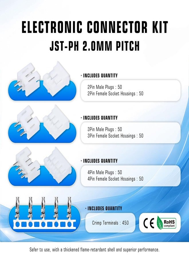 CQRobot 750 Pieces 2.0mm JST-PH JST Connector Kit. 2.0mm Pitch Female Pin Header, JST PH - 2/3 / 4 Pin Housing JST Adapter Cable Connector Socket Male and Female, Crimp DIP Kit. - Image 2